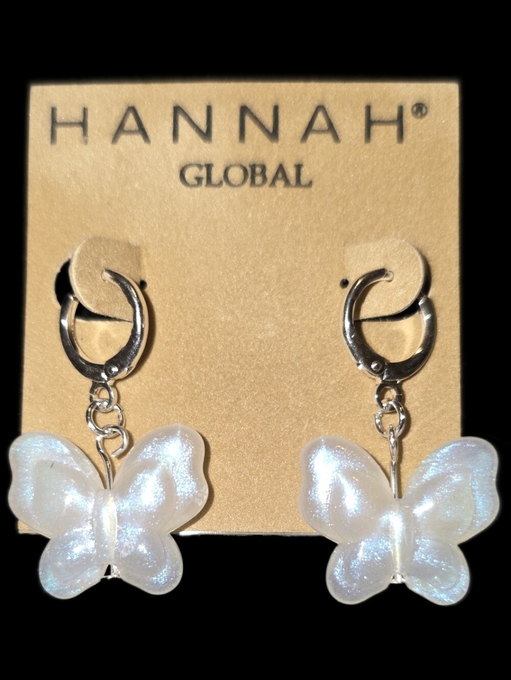 Iridescent White Butterfly Hoop Drop Earrings